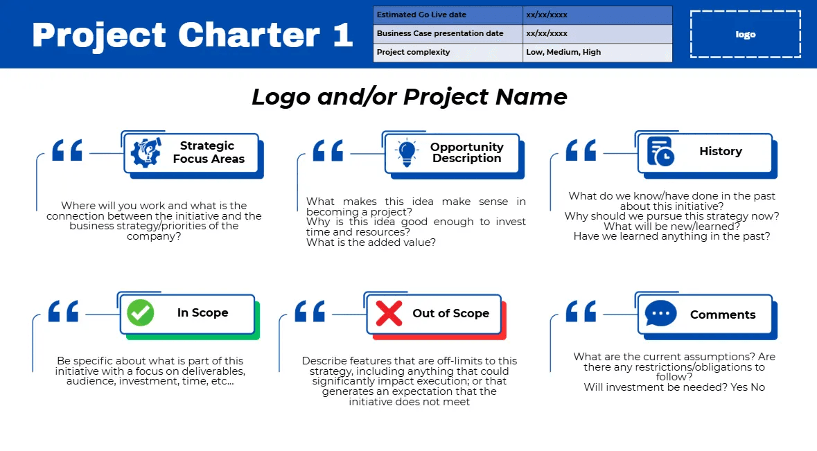 A screenshot of a project charter template.